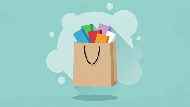Flat vector animation of craft paper shopping bag filled with colorful boxes on mint green background