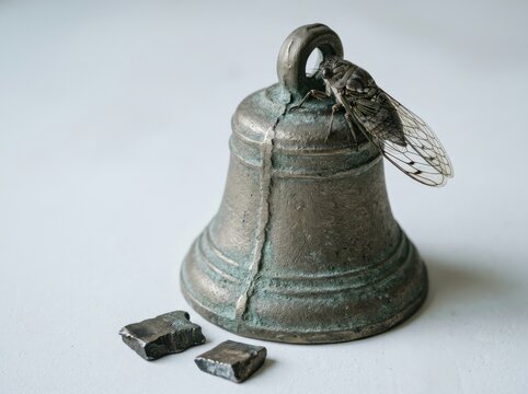 Weathered Bell with Cicada and Broken Metal Pieces on White Background