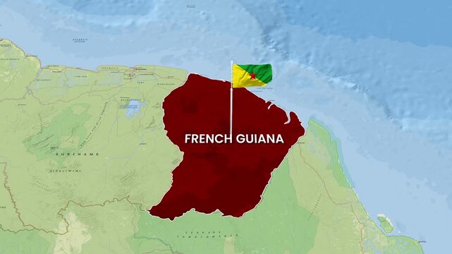 French Guiana map animation with waving national flag video footage