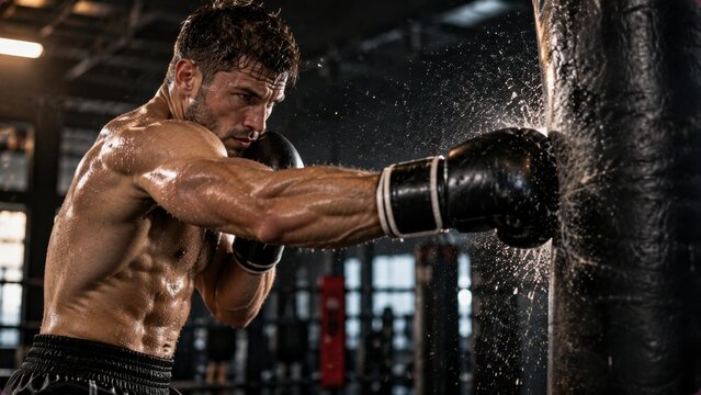 Determined muscular male boxer in black gloves throwing a powerful punch at sweaty heavy training bag.