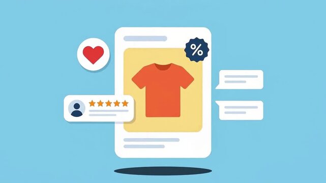 Flat vector animation of online clothing store interface on smartphone screen with five star review and discount badge