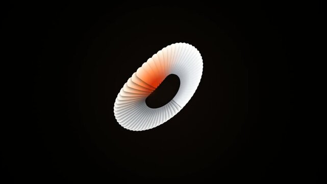 3D motion graphic of a pleated white ring rotating on black background with orange light glow