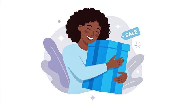 Flat vector animation of a happy Black woman hugging a huge blue gift box with sale tag on white background