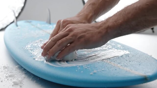 Person applying wax to a blue surfboard in a studio setting