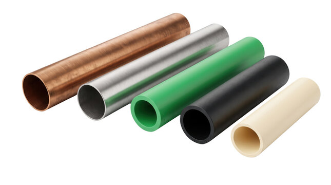 Industrial plumbing pipes collection, copper and steel metal tubes, plastic PVC and PPR piping for construction and water systems
