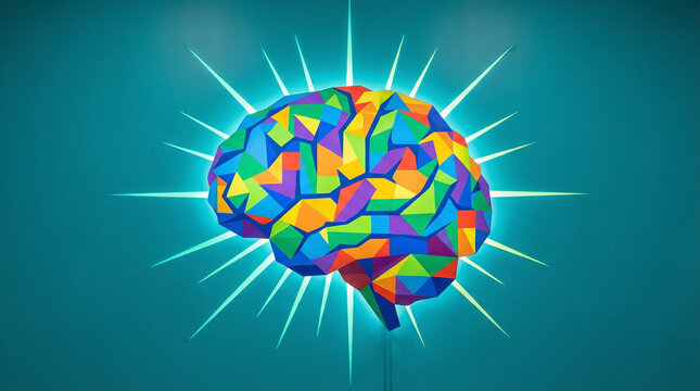 Vibrant Geometric Brain Pattern Bold Graphic Design. Symmetrical brain silhouette composed of colorful geometric shapes on teal background, centered energetic composition with sharp lines