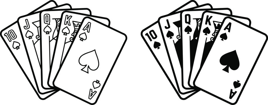 Black and white outline drawing of royal flush poker card hands in spade suit