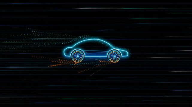 Futuristic blue neon car outline driving fast with orange particle trail on black background