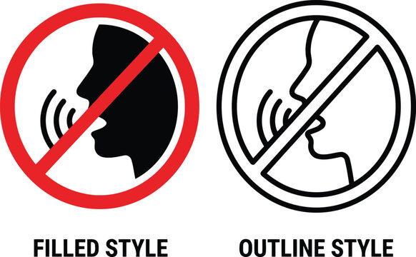 Do not talk sign icon set with prohibited speaking symbol in filled and outline styles