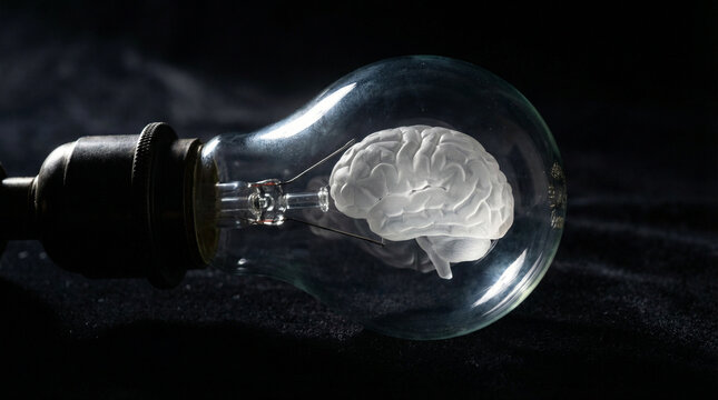 Dramatic Lightbulb Brain Concept Side Lit Still Life. Clear lightbulb containing miniature brain model against dark backdrop, dramatic side lighting creating bold shadows and highlights