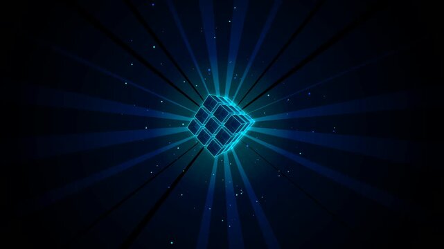 Futuristic rotating blue wireframe cubes animation with glowing light rays on a dark background