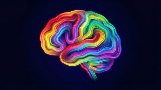 Vibrant Rainbow Gradient Brain Modern Digital Art. Smooth rainbow gradient filling brain shape on deep navy background, bold centered composition with contemporary energetic feel