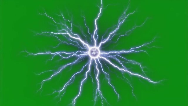 Electric plasma ball energy discharge with glowing lightning bolts on green screen background