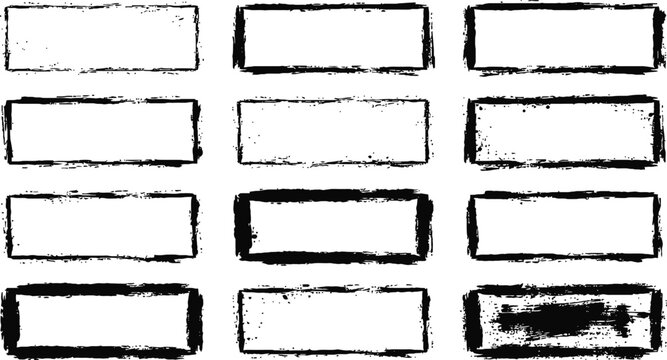 A collection of rough, hand-drawn rectangular frames with a distressed, sketchy texture, perfect for adding a grunge or vintage touch to designs.