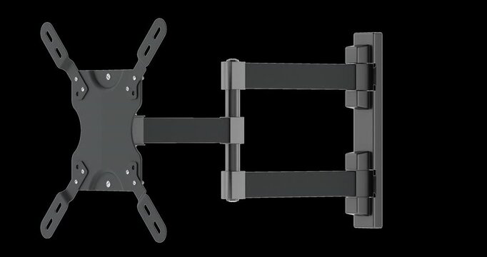 Articulating TV wall mount bracket rotation animation seamlessly loopable. 3D rendering isolated on transparent background