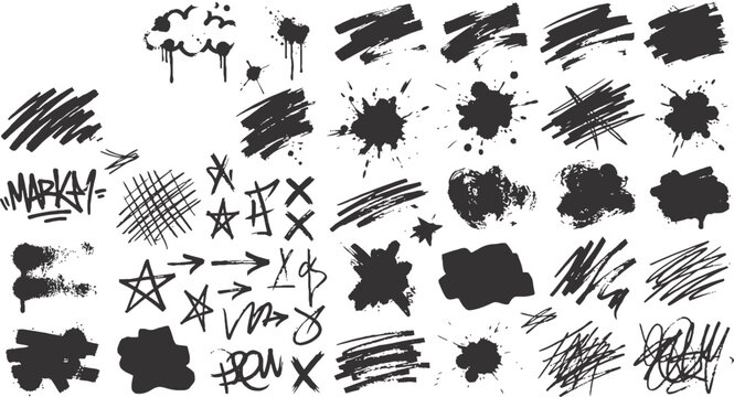 A collection of black ink splash and scratch graphic elements, perfect for adding a grunge or distressed effect to designs.