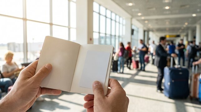 Traveler holding blank passport and boarding pass in busy airport terminal