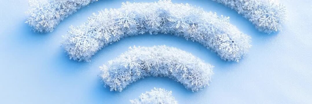 Frost covered WiFi symbol represents winter connectivity and network disruption with copy space website banner