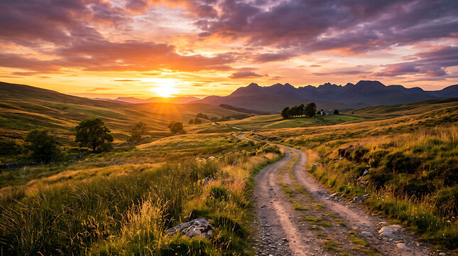 A scenic winding dirt path leads through rolling green highland hills under a vibrant golden sunset sky with dramatic clouds and mountain silhouettes