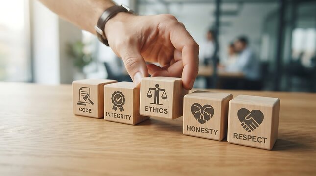 Hand placing wooden block with ethics icon to build corporate values and business integrity