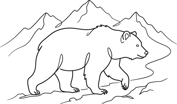 Continuous single line drawing of a grizzly bear walking in front of a mountain range landscape Vector