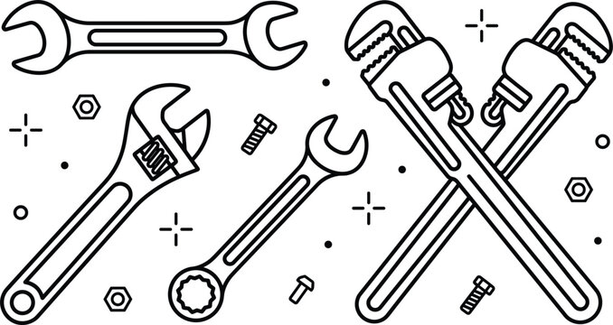 Wrench and pipe spanner tool vector line art illustration set featuring crossed pipe wrenches and bolts