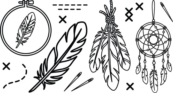 Boho dreamcatcher and bird feather vector line art illustration set featuring embroidery hoop stitches and sewing needles