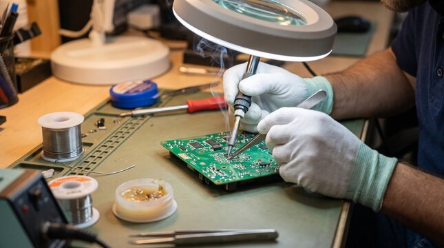 Technician soldering microchip on circuit board in repair workshop