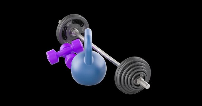 Barbell dumbbells and kettlebell rotation animation seamlessly loopable. 3D rendering isolated on transparent background