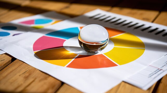 paperweight. Wooden desk with abstract financial visuals, featuring a glass paperweight refracting light. pitch deck slides.