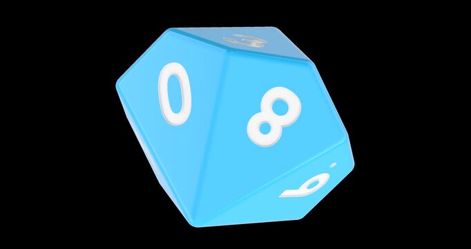 Blue 10 sided die pentagonal trapezohedron dice rotation animation seamlessly loopable. 3D rendering isolated on transparent background