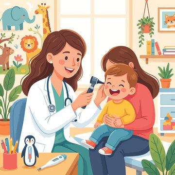 Pediatric Doctor Examining Child Patient in Clinic with Mother Healthcare Illustration