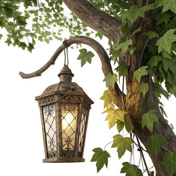 Vintage ornate lantern hanging from a tree branch with green leaves isolated on white.