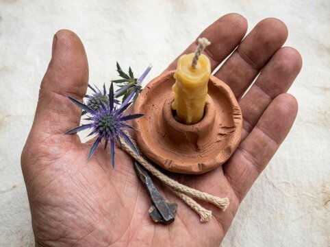 Luminary Candle in Terracotta Holder with Dried Flower in Hand