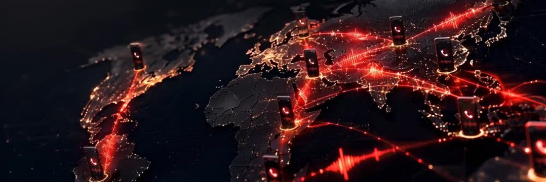 Global cyberattack routes connect cities across digital world map, network security concept with copy space