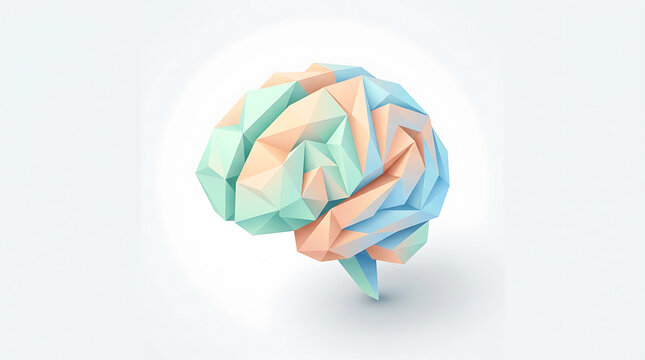 Abstract Geometric Origami Brain Sculpture in Soft Pastel Tones on a Minimal White Background, Symbolizing Modern Thinking, Innovation, and Complex Cognitive Processes in a Stylized 3D Digital Art.