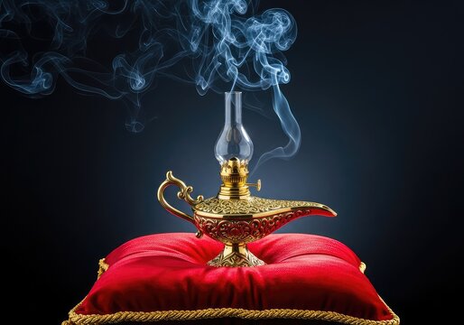 A golden brass antique oil lamp rests upon a plush red velvet cushion as ethereal blue smoke swirls into the dark atmospheric background, golden, cushion, mist