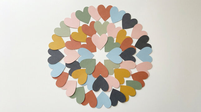 Minimalist Circle of Different Colored Paper Hearts Flat Lay. Overhead view of paper hearts in diverse colors arranged in perfect circle on clean white background, modern minimalist aesthetic