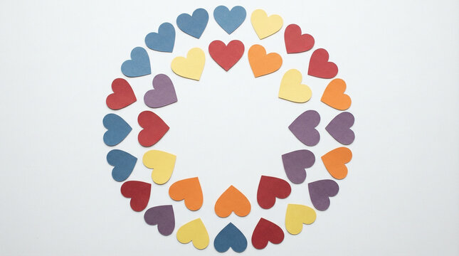 Minimalist Circle of Different Colored Paper Hearts Flat Lay. Overhead view of paper hearts in diverse colors arranged in perfect circle on clean white background, modern minimalist aesthetic