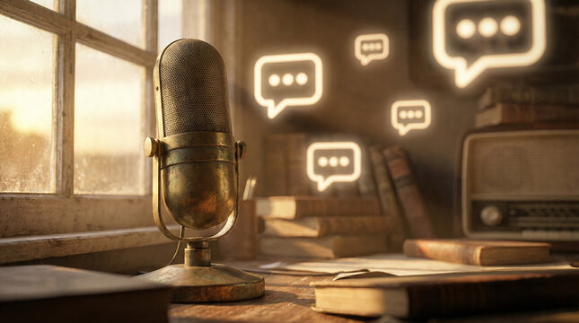 Warm Vintage Microphone with Soft Bokeh for Awareness Day. Close-up of antique brass microphone on wooden desk, warm golden light streaming through window, soft focus background with speech bubbles