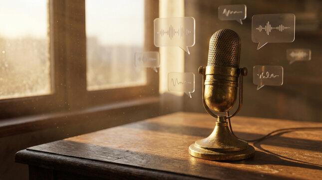 Warm Vintage Microphone with Soft Bokeh for Awareness Day. Close-up of antique brass microphone on wooden desk, warm golden light streaming through window, soft focus background with speech bubbles