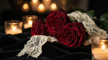 Obraz premium Gothic Red Roses and Vintage Lace Romantic Still Life. Close-up of deep crimson roses on black velvet with antique lace, warm candlelight glow, soft bokeh background