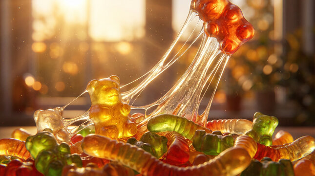 Stretchy Colorful Gummy Candy Texture Close-Up Detail. Warm macro shot of translucent gummy candies being stretched, showing elastic texture with golden backlight and soft bokeh