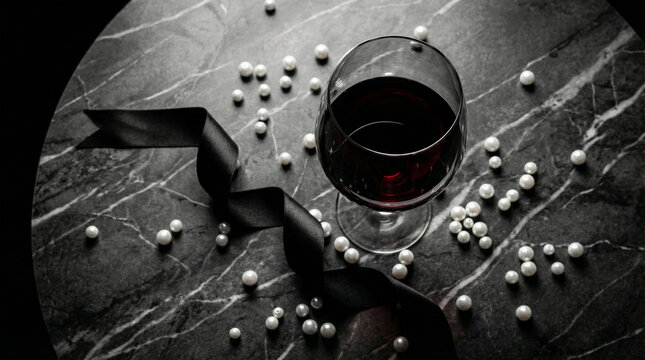 Minimalist Dark Romance Flat Lay with Wine and Pearls. Overhead view of red wine glass, black silk ribbon, scattered pearls on marble surface, clean dramatic contrast