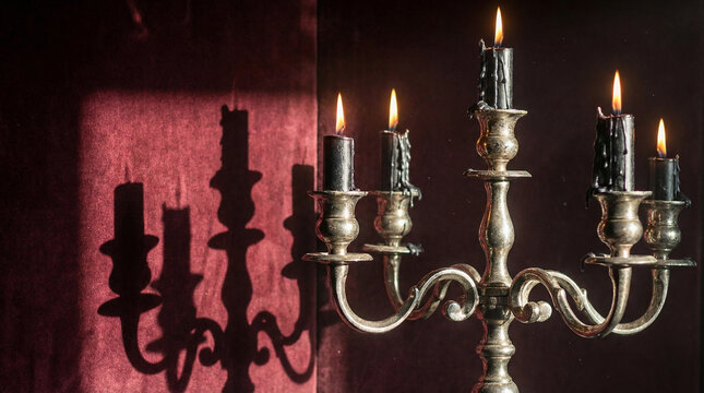 Dramatic Candelabra with Dripping Wax Gothic Scene. Side-lit ornate silver candelabra with melting black candles, dramatic shadows on burgundy wall, mysterious atmosphere