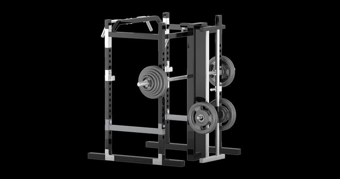 Smith machine with barbell and weight platesrotation animation seamlessly loopable. 3D rendering isolated on transparent background
