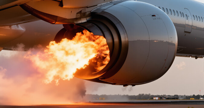 Close-up of a powerful jet engine's afterburner igniting, creating intense flames and exhaust during takeoff preparation
