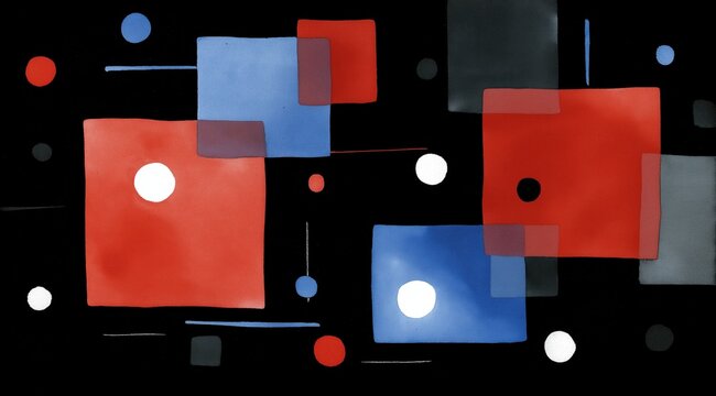 Minimalist abstract geometric composition on black background. Red and blue squares with white circles and thin lines. Modern constructivist style graphic art