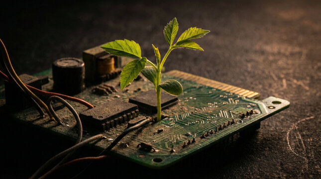 Dramatic Sprouting Seedling Through Circuit Board. Side-lit artistic composition of vibrant green seedling emerging through vintage circuit board, deep shadows and rim lighting on dark background