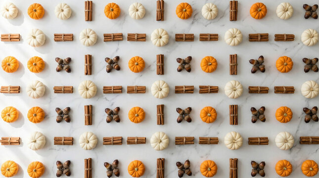Minimalist Harvest Flat Lay on White Marble Surface. Clean overhead arrangement of small pumpkins, acorns, and cinnamon sticks on white marble, geometric spacing, soft natural shadows